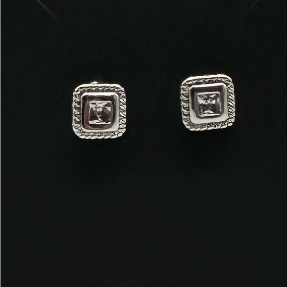 Silver Tone Square Stud Earrings with Center CZ Faux Diamond Look Stone - Picture 1 of 4
